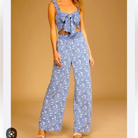 Lulus Pants - Beneath the Sun, Blue Floral Print Two Piece